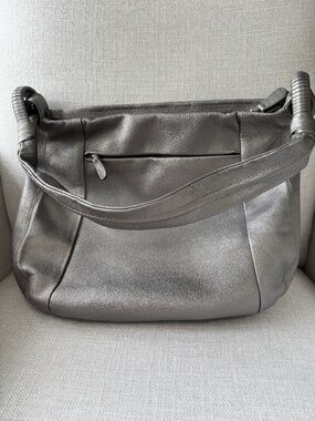 Derek Alexander Pewter Taupe Metallic Pebbled Leather Hobo Shoulder Bag